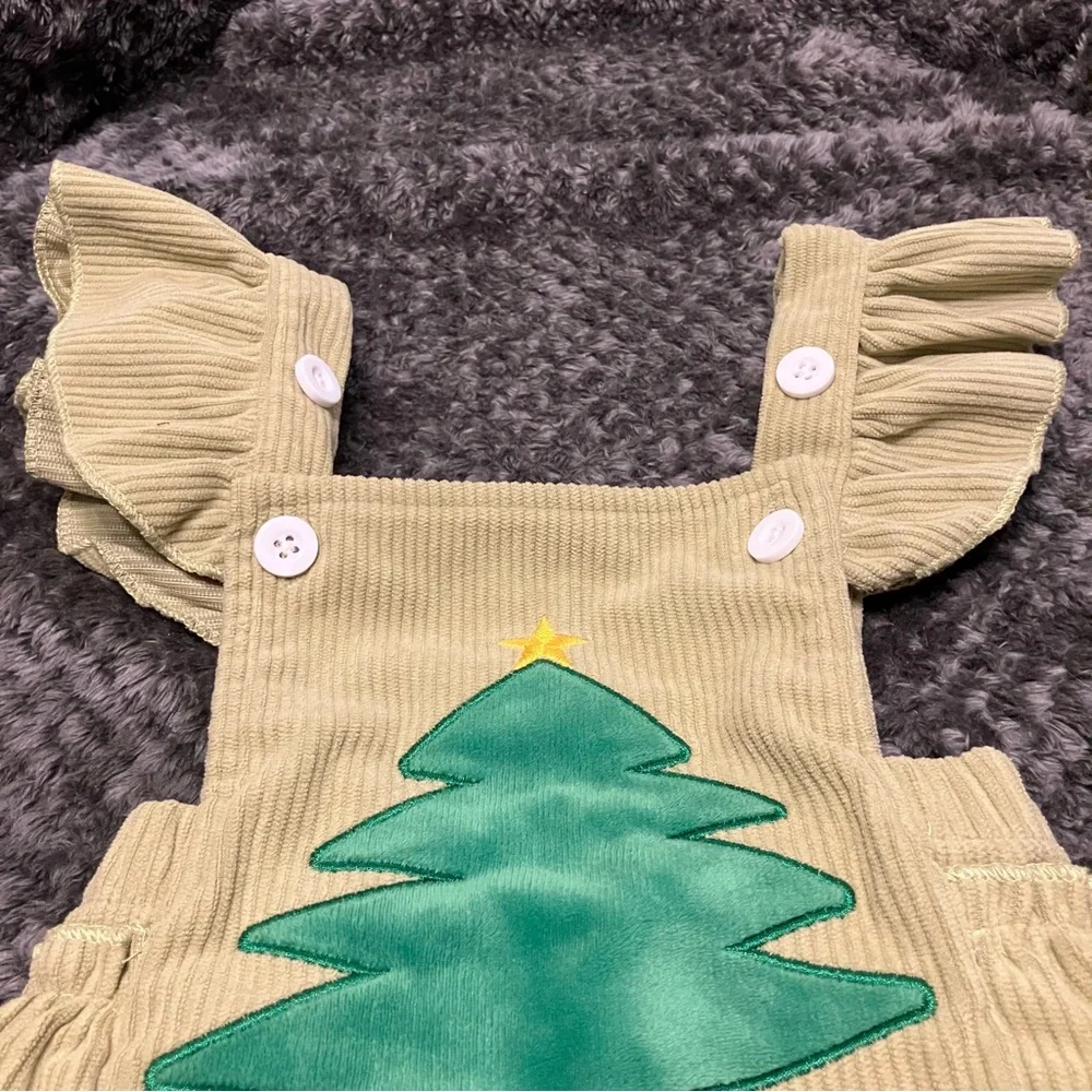 Girls Green Embroidered Christmas Tree Corduroy Overalls Romper/Jumpsuit Sz 3-6M